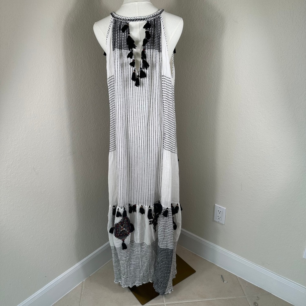 Maeve Maxi Dress Womens XL White Black Puebla Tassel Boho Embroidered Costal - Picture 2 of 9
